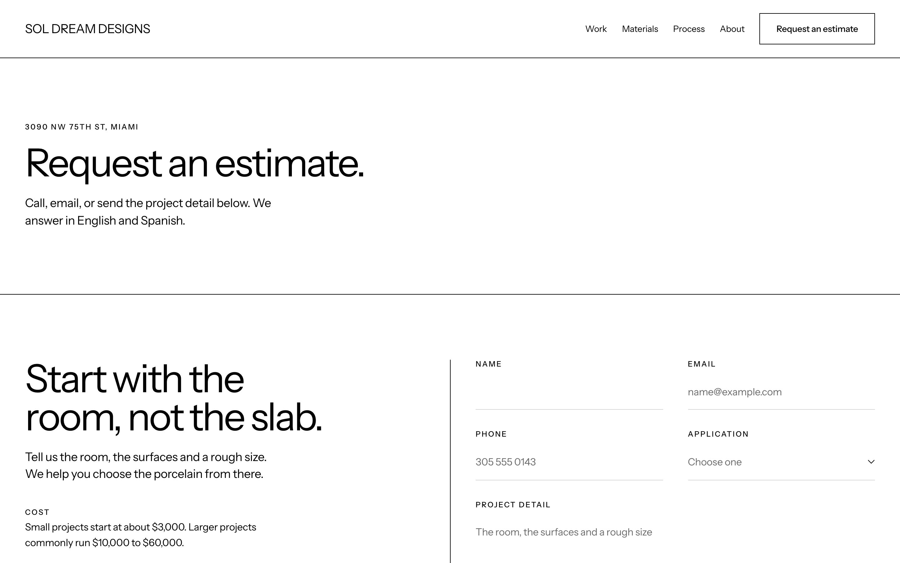 Site we built: Sol Dream Designs estimate request page, with its published cost and the request form: name, email, phone, application and project detail.