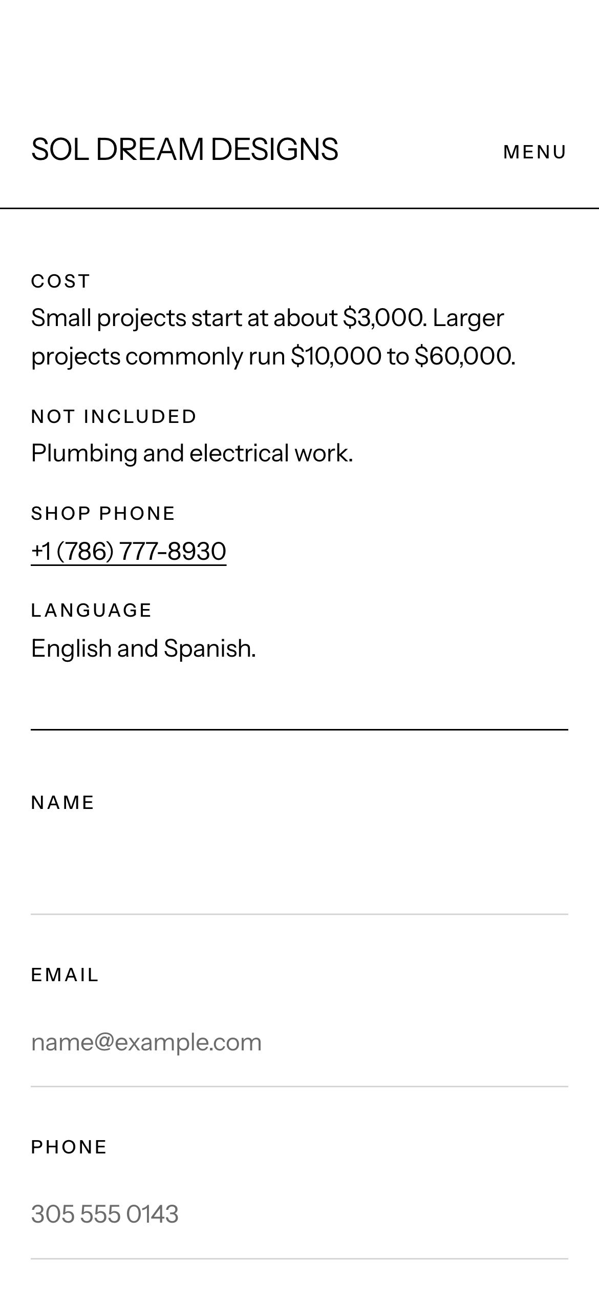 Site we built: Sol Dream Designs contact page on a phone, at its published cost: small projects start at about $3,000; larger ones commonly run $10,000 to $60,000, followed by what is not included and the start of the request form.